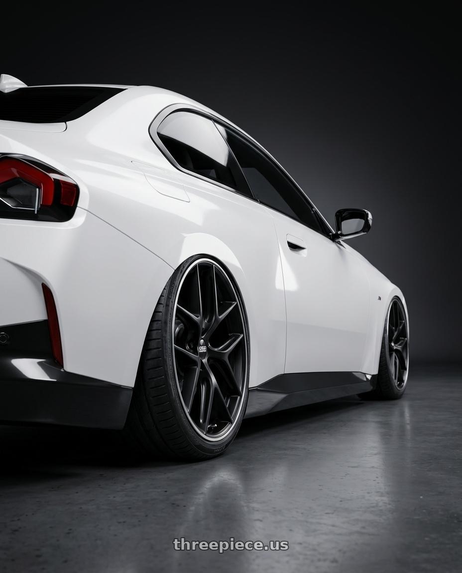 2024 BMW 2 Series G42 with BBS CC-R 5x112 19x8.0+27 Satin Black wheels rear three quarter view slight stretch tires