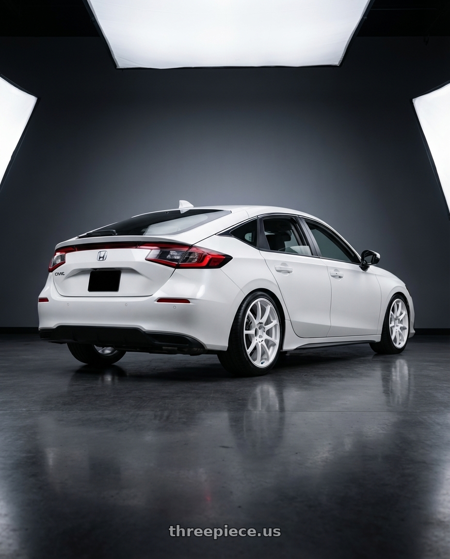 2024 Honda Civic with Advan RCIII 5x114.3 18x8.5+53 White wheels rear three quarter view square tires