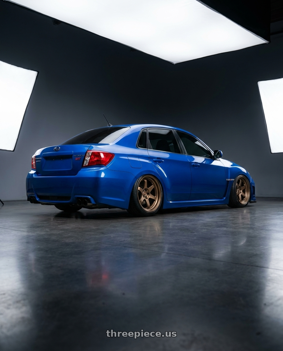 2013 Subaru WRX STI with Kansei K11B Tandem 5x114.3 18x9 12 Bronze wheels rear three quarter view slight stretch tires