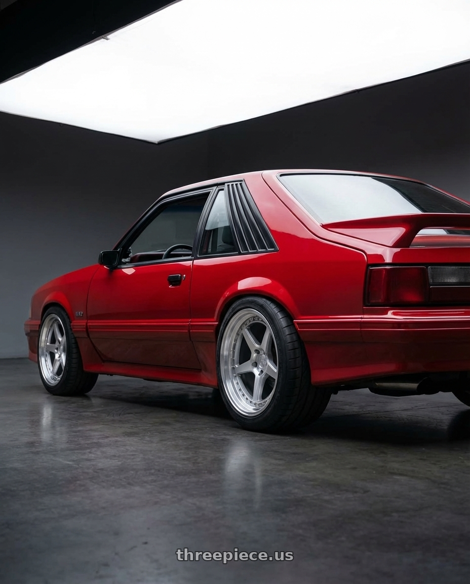 1986 Ford Mustang GT, Rapid Red with Aodhan DS09 5x114.3 18x9.5+30 Silver w/Machined Face wheels rear three quarter view meaty tires