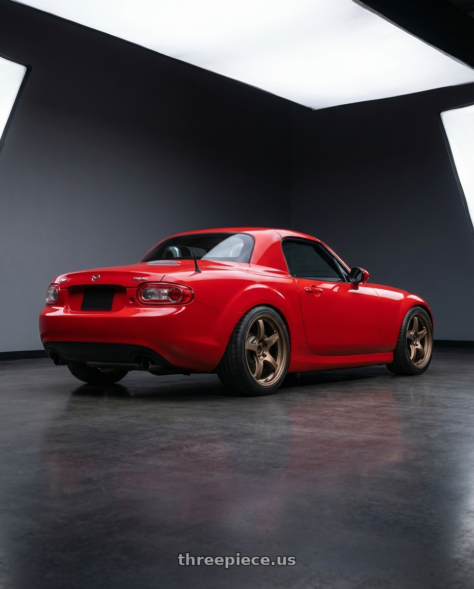 2012 Mazda MX-5 Miata NC with Gram Lights 57CR 5x114.3 17x9+38 Bronze II wheels rear three quarter view square tires