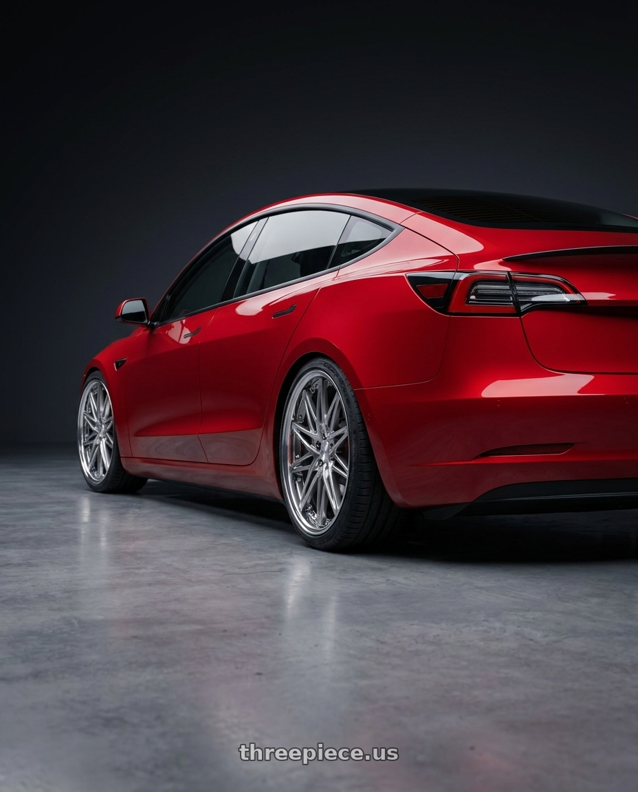 2020 Tesla model 3 performance  with Work Schwert Sg1 5x114.3 19x8.5+38 A Disk Glim Silver wheels rear three quarter view square tires
