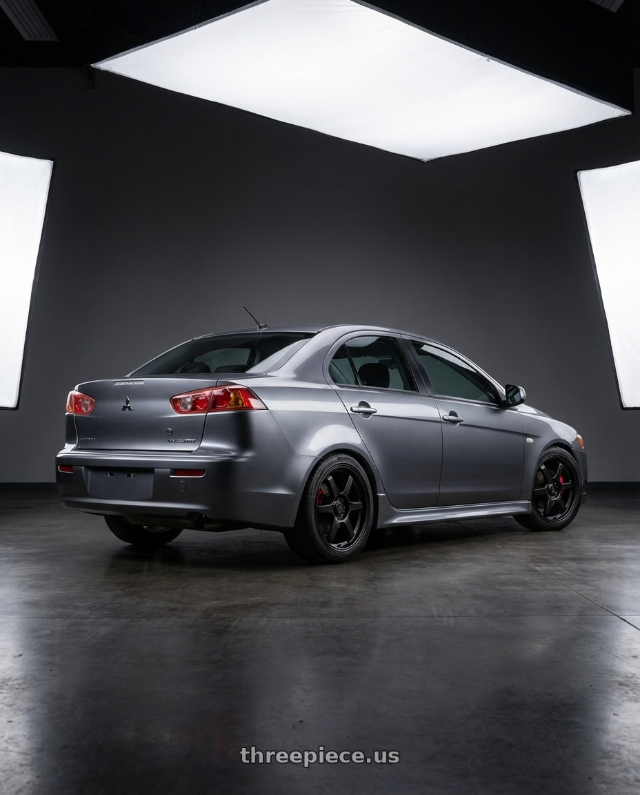 2014 Mitsubishi Lancer Ralliart with Konig Backbone 5x114.3 18x8+45 Matte Black Milling Logo on Spoke wheels rear three quarter view square tires