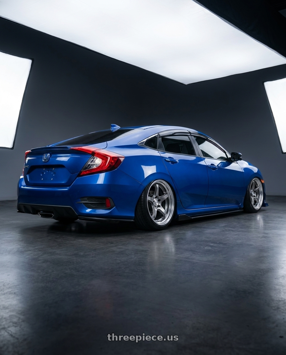 2020 honda civic ex blue with Work T5R 2P 5x114.3 18x8.5 +38 GT SILVER wheels rear three quarter view slight stretch tires