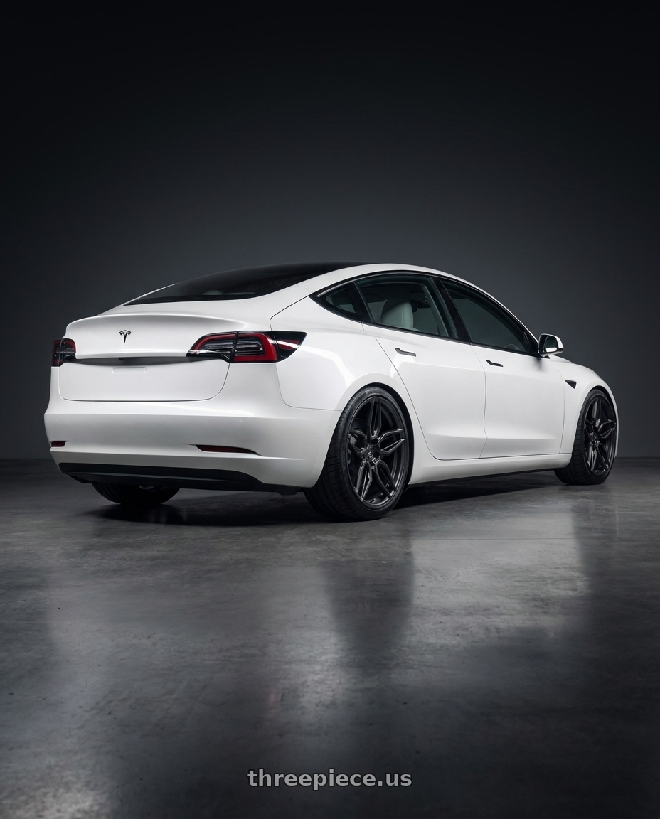 2020 Tesla Model 3 Performance with ADV.1 ADV005 5x114.3 20x9 +35 Satin Black wheels rear three quarter view square tires