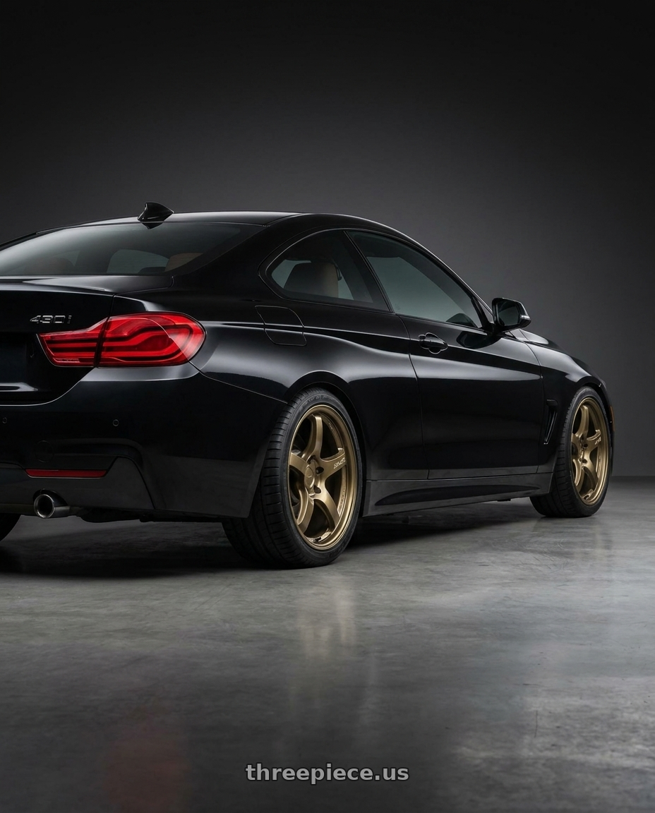 2020 bmw 430i with Gram Lights 57CR 5x114.3 19x9.5 +45 Almite Gold wheels rear three quarter view square tires