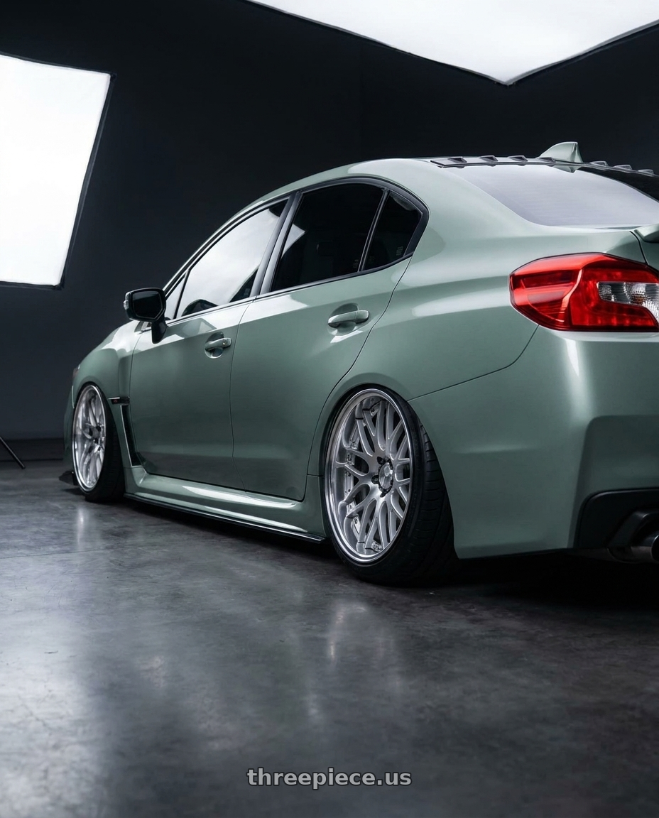 2021 Subaru sti millennium jade with Work Lanvec Lm1 5x114.3 18x9+45 O Disk Machine Silver Polish wheels rear three quarter view extreme stretch tires