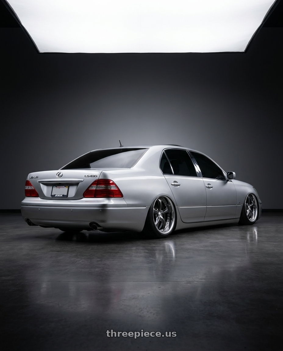 2004 lexus ls430 with Work Wheels VS-KF 5X114.3 19x9.5+40 Brilliant Silver Black O Disk FULL REVERSE wheels rear three quarter view extreme stretch tires