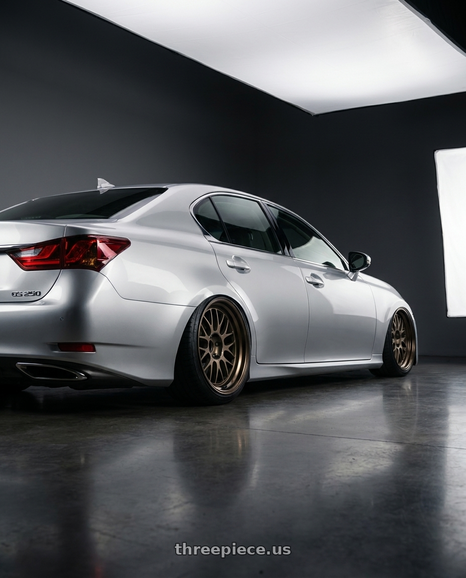 2013 Lexus gs250 with Volk Racing 21A 5x100 18X9.5+30  Bronze wheels rear three quarter view slight stretch tires