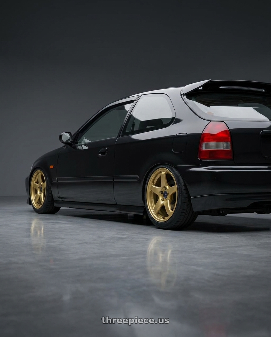 1997 Honda Civic with Enkei PF05 4x100 15x8+25 Gold wheels rear three quarter view square tires