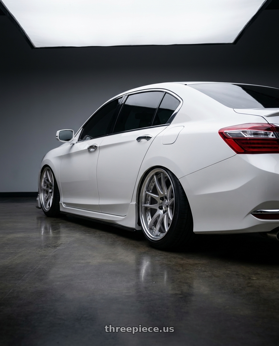2016 Honda accord with Work Emotion Cr 3P 5x115 20x15-3 A Disk Burning Silver wheels rear three quarter view square tires