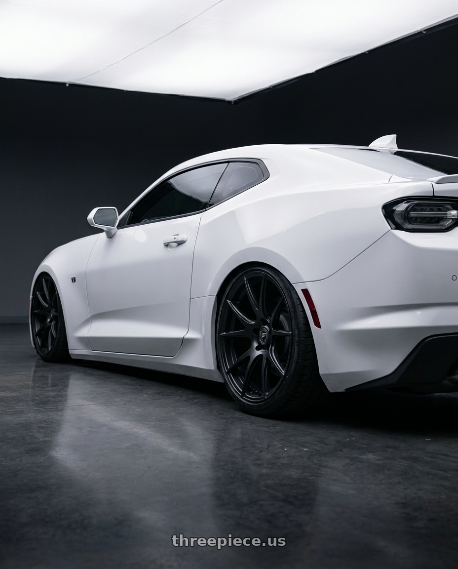 2022 Chevrolet Camaro with Forgestar CF5V 5x120 20x9 +38 Satin Black wheels rear three quarter view slight stretch tires
