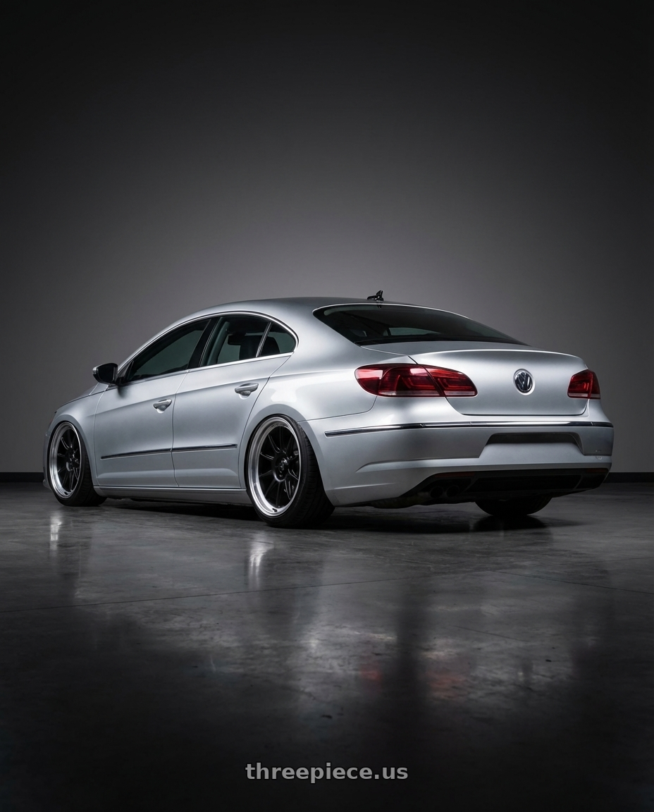 2015 Volkswagen CC with Konig Countergram 5x112 19x11+40 Matte Black / Matte Machined Lip wheels rear three quarter view slight stretch tires