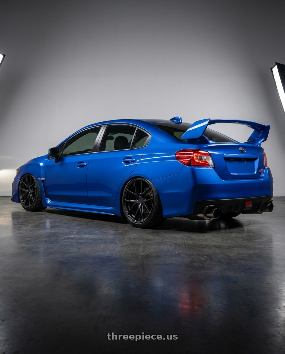 2013 Subaru WRX STI with Niche 1PC M117 MISANO 5X114.3 18X8 +42 MATTE BLACK wheels rear three quarter view slight stretch tires