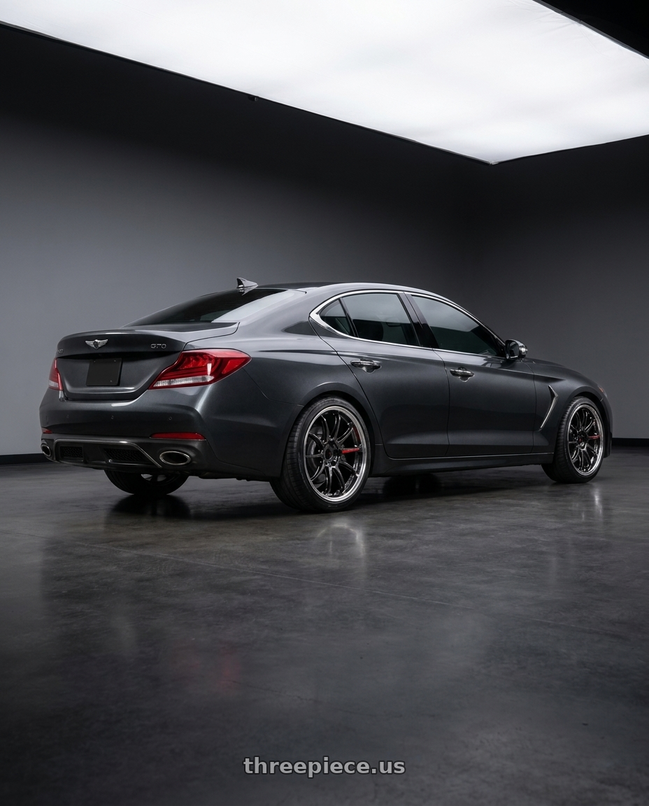2019 Genesis G70 with Work Zr10 2P 5x105 18x10.5 +22 Glim Black wheels rear three quarter view slight stretch tires