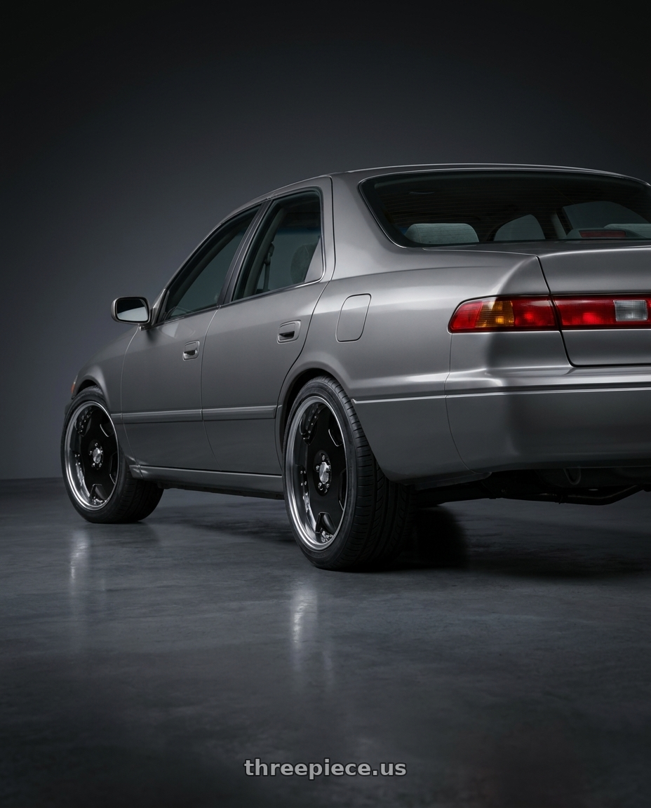 2001 toyota camry with Work Lanvec Ld1 5x114.3 20x7.5+12 O Disk Black wheels rear three quarter view square tires