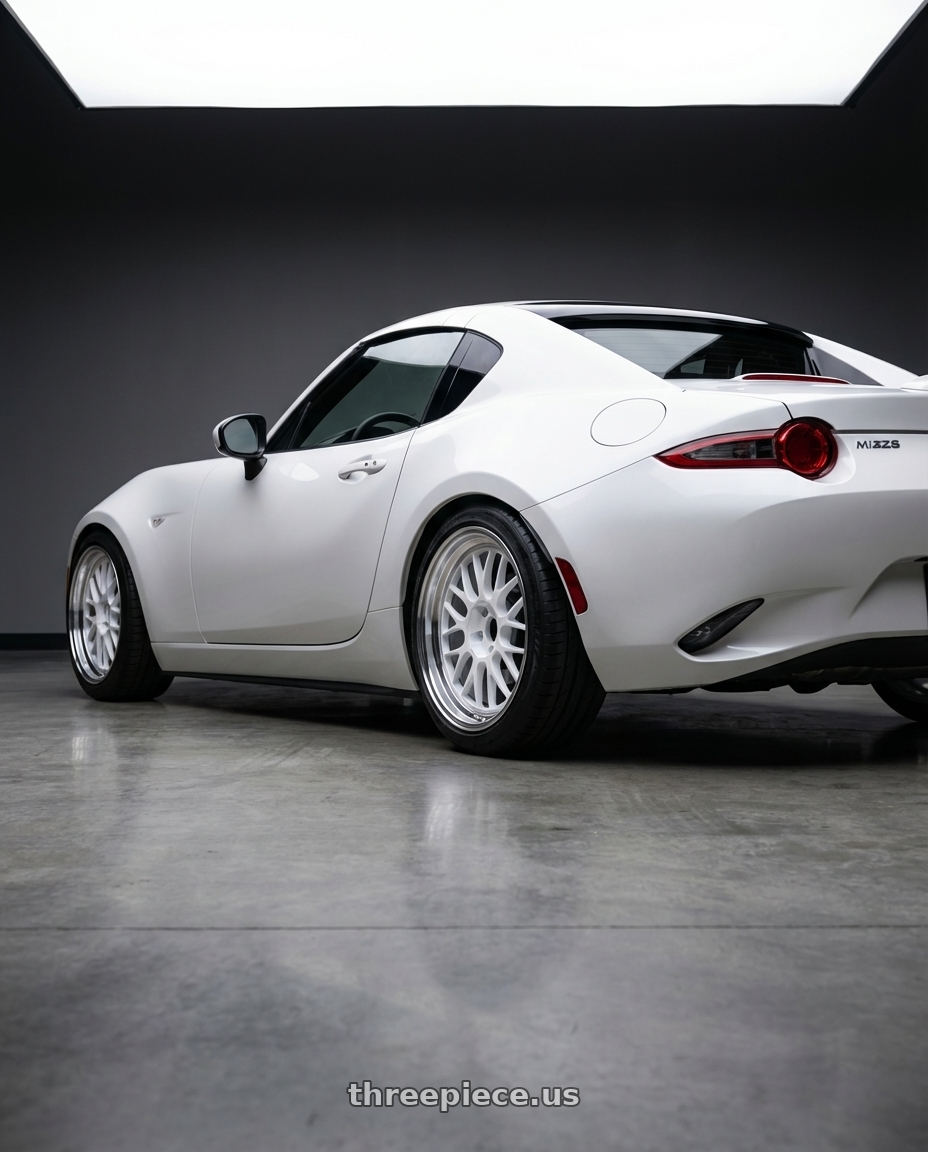 2025 Mazda miata  with Volk Racing 21A 5x112 18x10.5 +30 DASH WHITE/ DC wheels rear three quarter view slight stretch tires