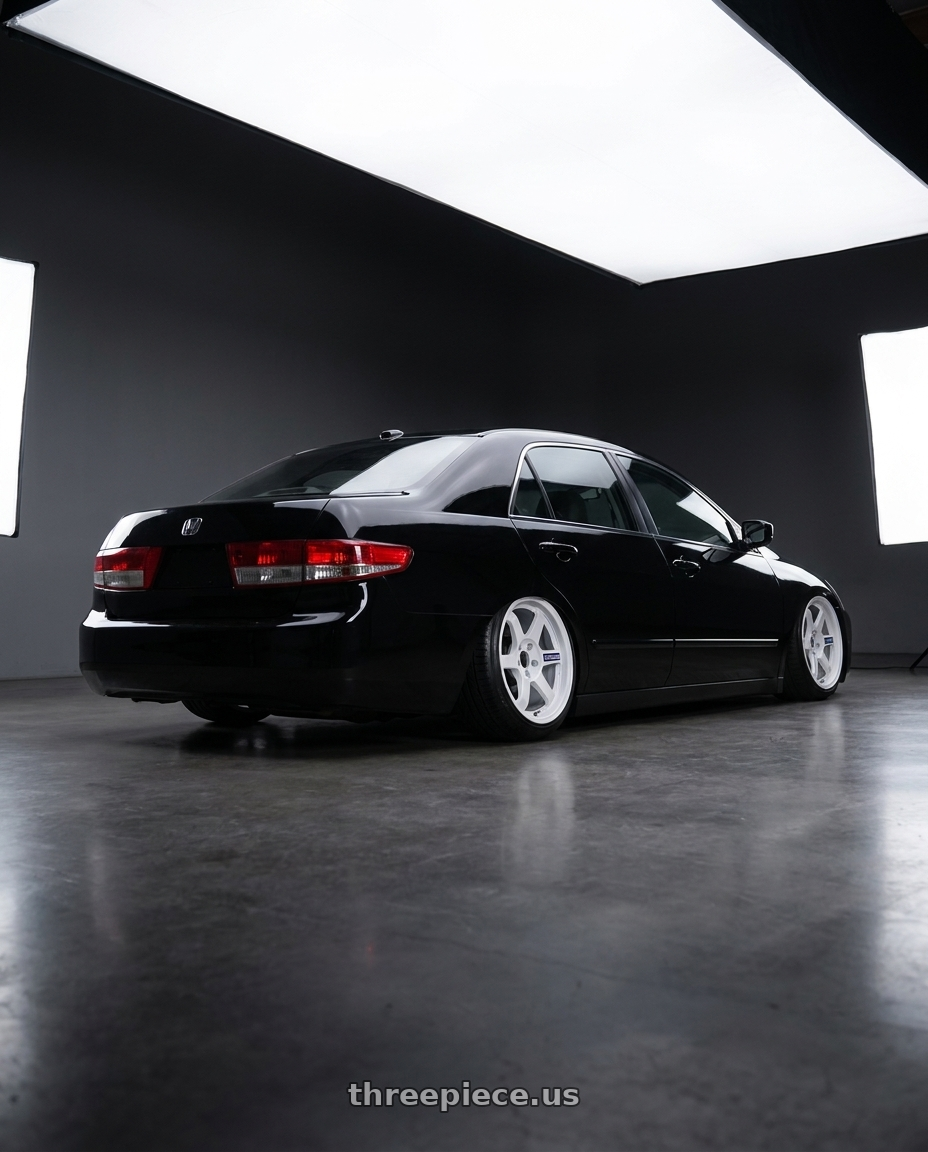 2005 honda accord black  with Volk Racing TE37 Gravel 5x114.3 15x7.0+35 White wheels rear three quarter view slight stretch tires