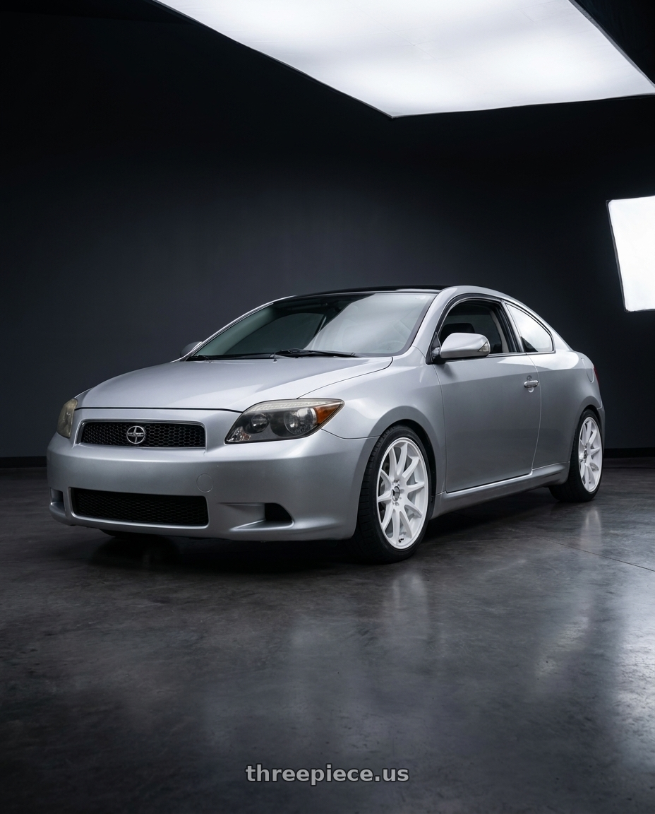 2007 scion tC silver with RTX Stag 5x100 17x8 +35 Satin White wheels