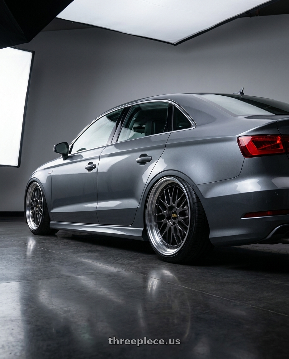 2015 Audi A3 Quattro with BBS LM 5x112 20x9.5+36 Diamond Black wheels rear three quarter view extreme stretch tires