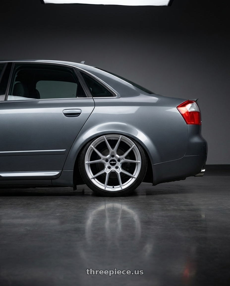 2005 Audi S4 with Rotiform RC199 KPR 5X112 20x9 +25 SILVER wheels rear three quarter view square tires