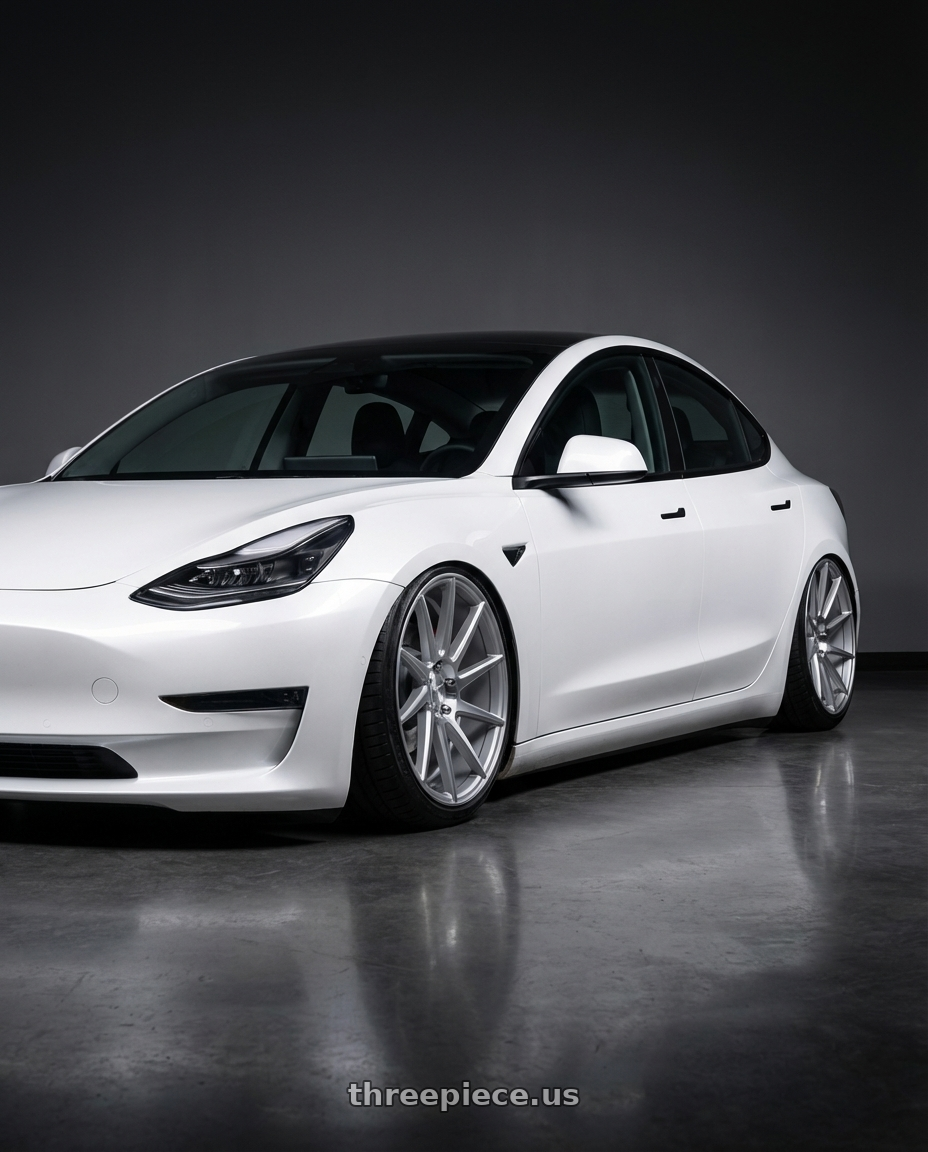 2023 Tesla Model 3 with Niche 1PC M112 SURGE 5X114.3 19X8.5 +35 GLOSS SILVER MACHINED wheels front three quarter view stanced stance