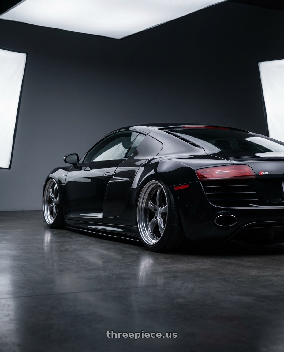 2015 Audi R8 4.2 Black Metallic with Work Wheels VS-KF 5X114.3 19x10.5+34 Brilliant Silver Black A Disk FULL REVERSE wheels rear three quarter view slight stretch tires