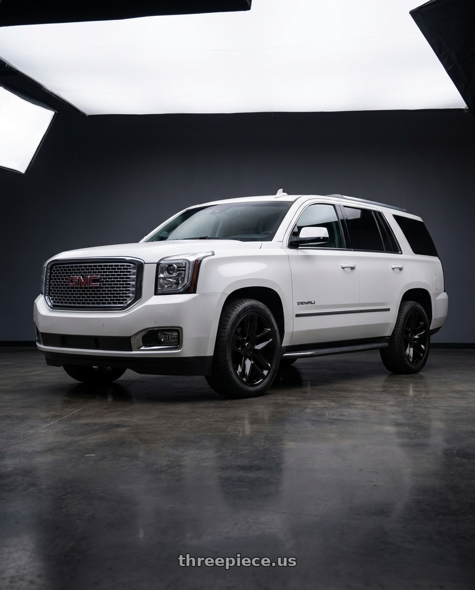 2016 GMC Yukon Denali with OE Wheels CV34B 6x139.7 18x8.5+26 Gloss Black wheels front three quarter view stock stance