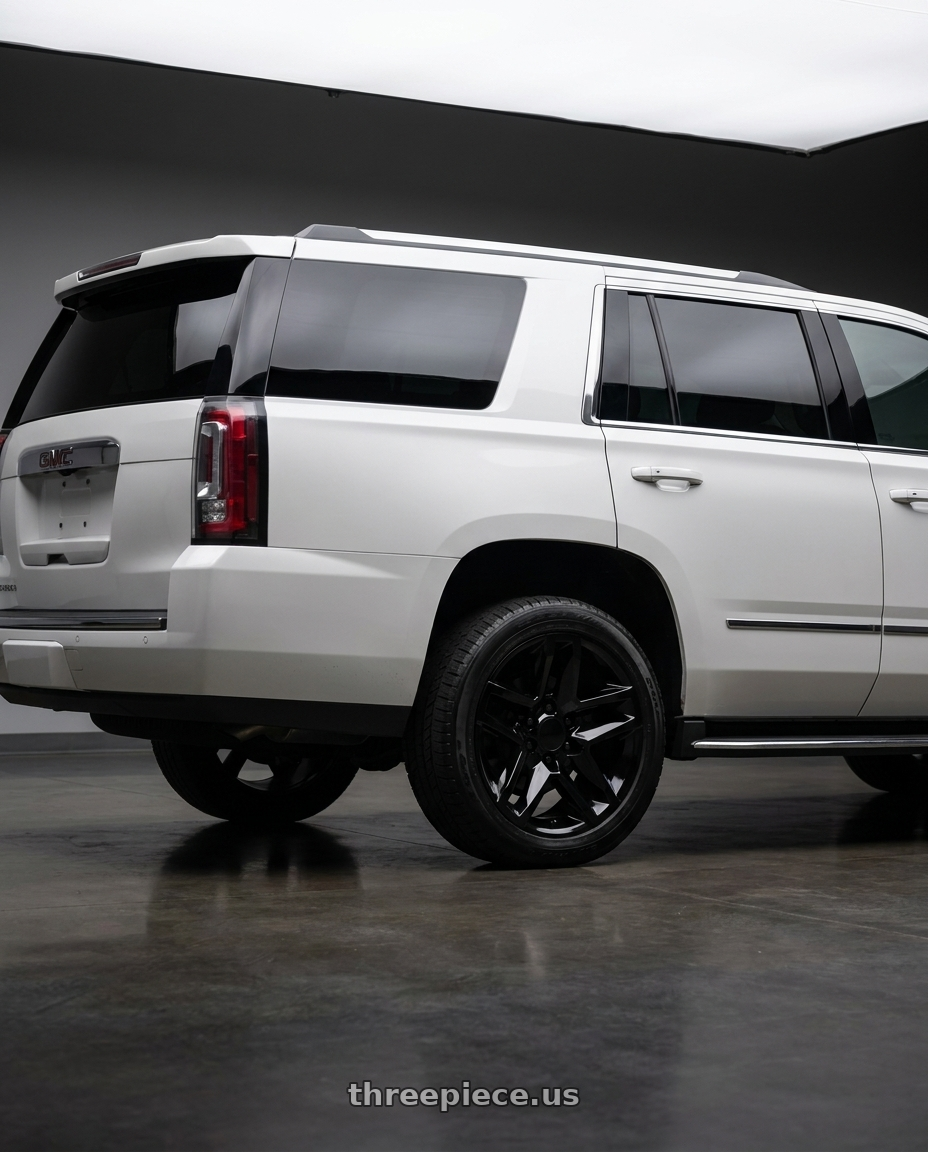 2016 GMC Yukon Denali with OE Wheels CV34B 6x139.7 18x8.5+26 Gloss Black wheels rear three quarter view square tires