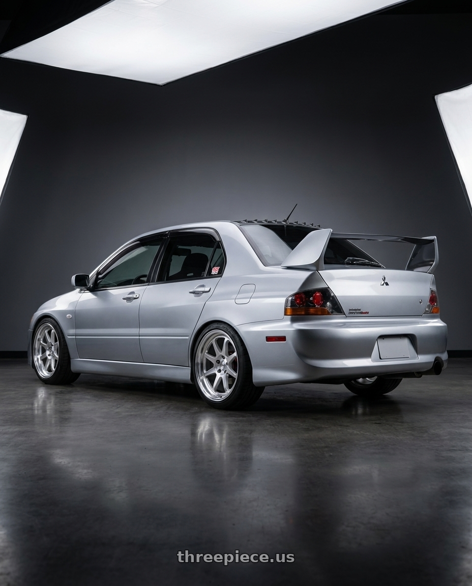 2003 Mitsubishi Evo  with Work Seeker Fx 5x114.3 18x9.5+22 R Disk Matte Silver Polish wheels rear three quarter view square tires