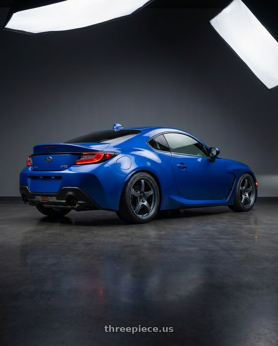 2024 Subaru BRZ with Gram Lights 57CR 5x114.3 18x8.5+37 Gunblue II wheels rear three quarter view square tires