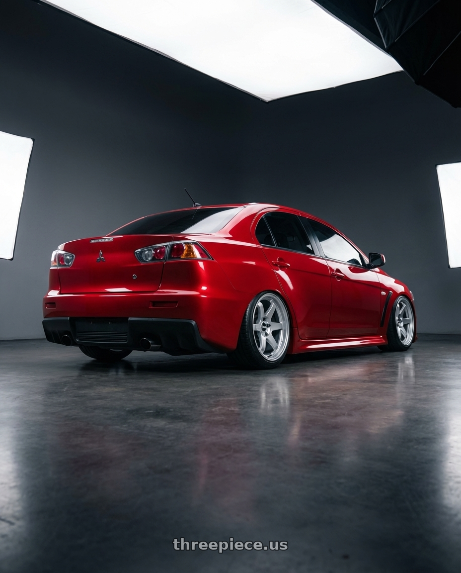 2012 Mitsubishi Lancer Evo X with Kansei K11S Tandem 5x114.3 18x10.5 12 Hyper Silver wheels rear three quarter view slight stretch tires