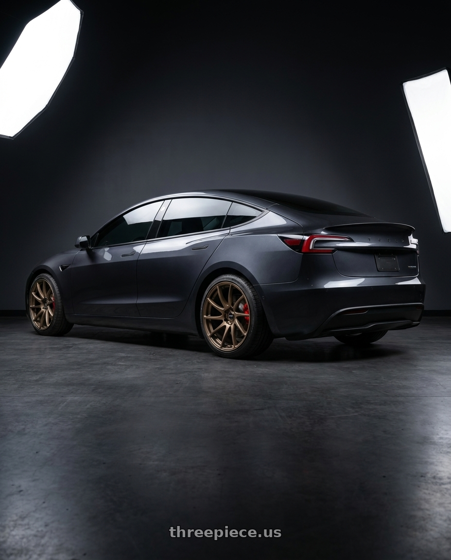 2024 Tesla model 3 performance with Vors TR4 5x114.3 19x9.5 +35 Bronze wheels rear three quarter view square tires