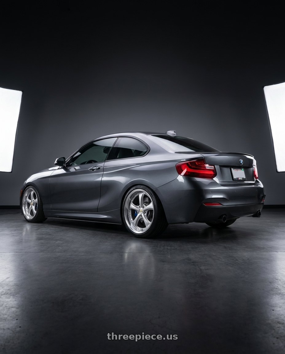 2017 bmw m240i with Work Wheels VS-KF 5x120 18x8.5+40 Light Grey Silver O Disk FULL REVERSE wheels rear three quarter view square tires