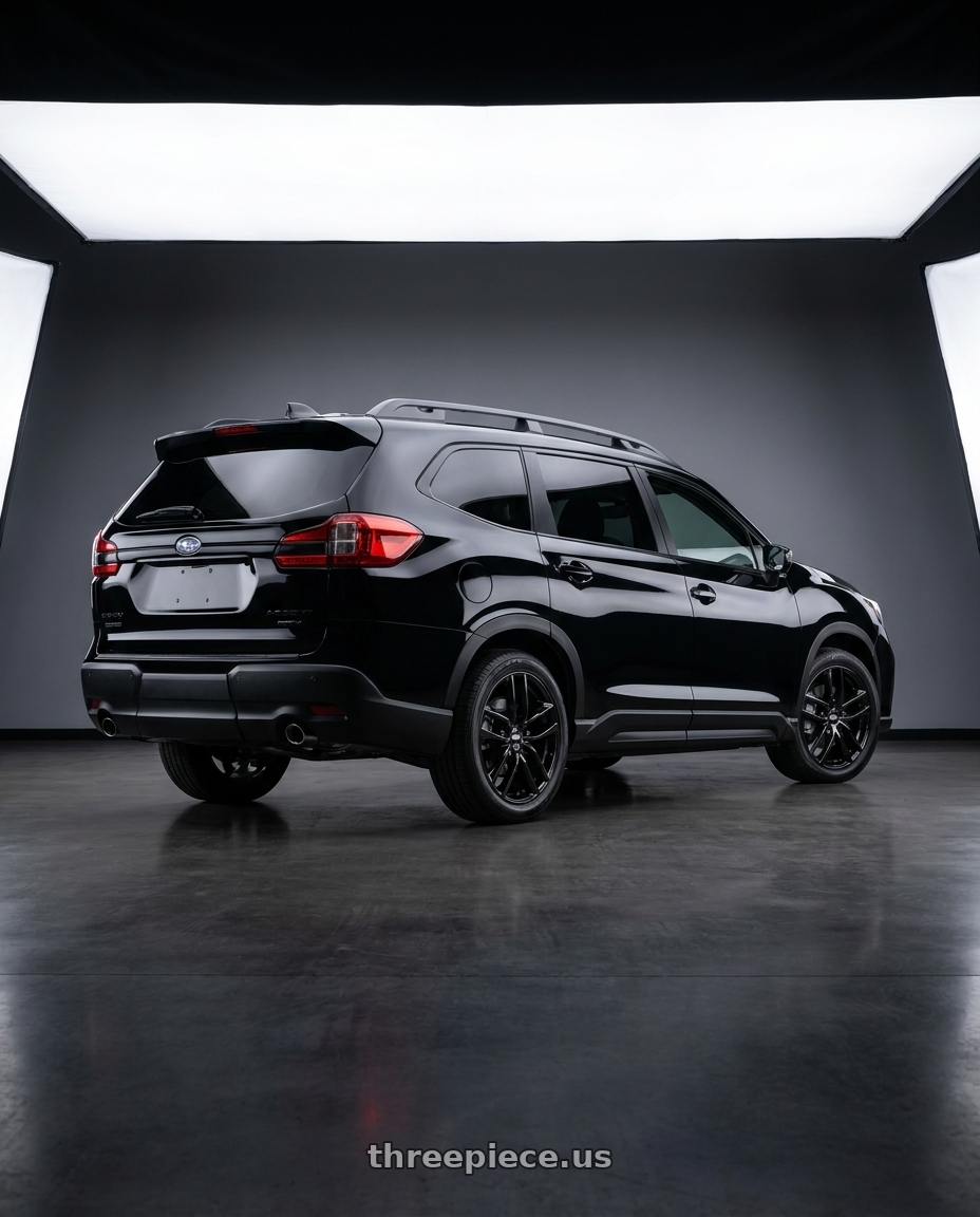 2025 Subaru Ascent Black with BBS SX 5x120 20x9.0+42 Crystal Black wheels rear three quarter view square tires