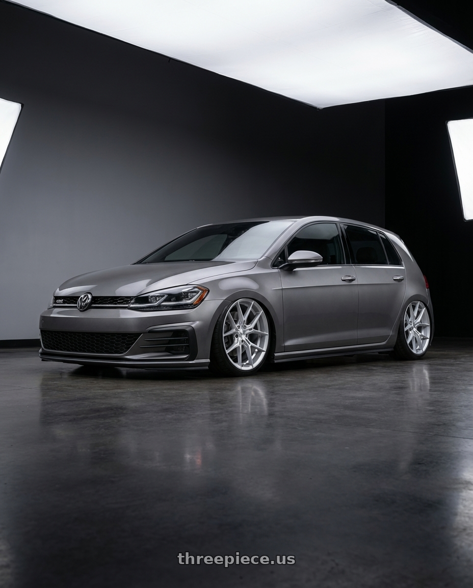 2019 Volkswagen GTI MK7 with Niche 1PC NC279 PRODIGY 5 5X112 19x8.5 +35 SILVER WITH MACHINED FACE wheels front three quarter view stanced stance
