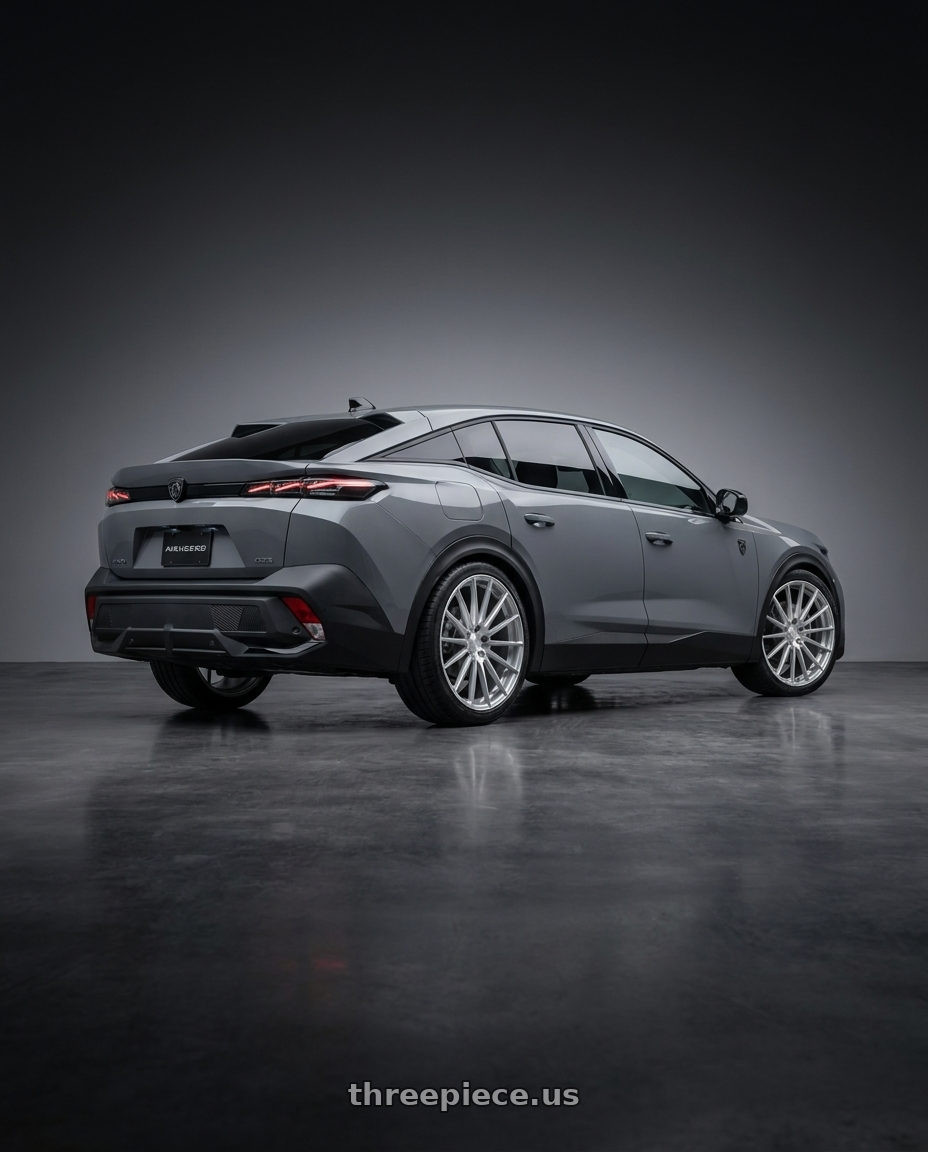 2025 Peugeot 408 with Avant Garde Wheels M615 5X120 20x8.5 +30 Silver Machine wheels rear three quarter view square tires