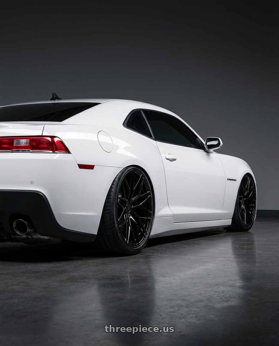2014 Chevrolet Camaro 5th Gen with Avant Garde Wheels M520R 5X120 20x11 +45 Gloss Black wheels rear three quarter view slight stretch tires