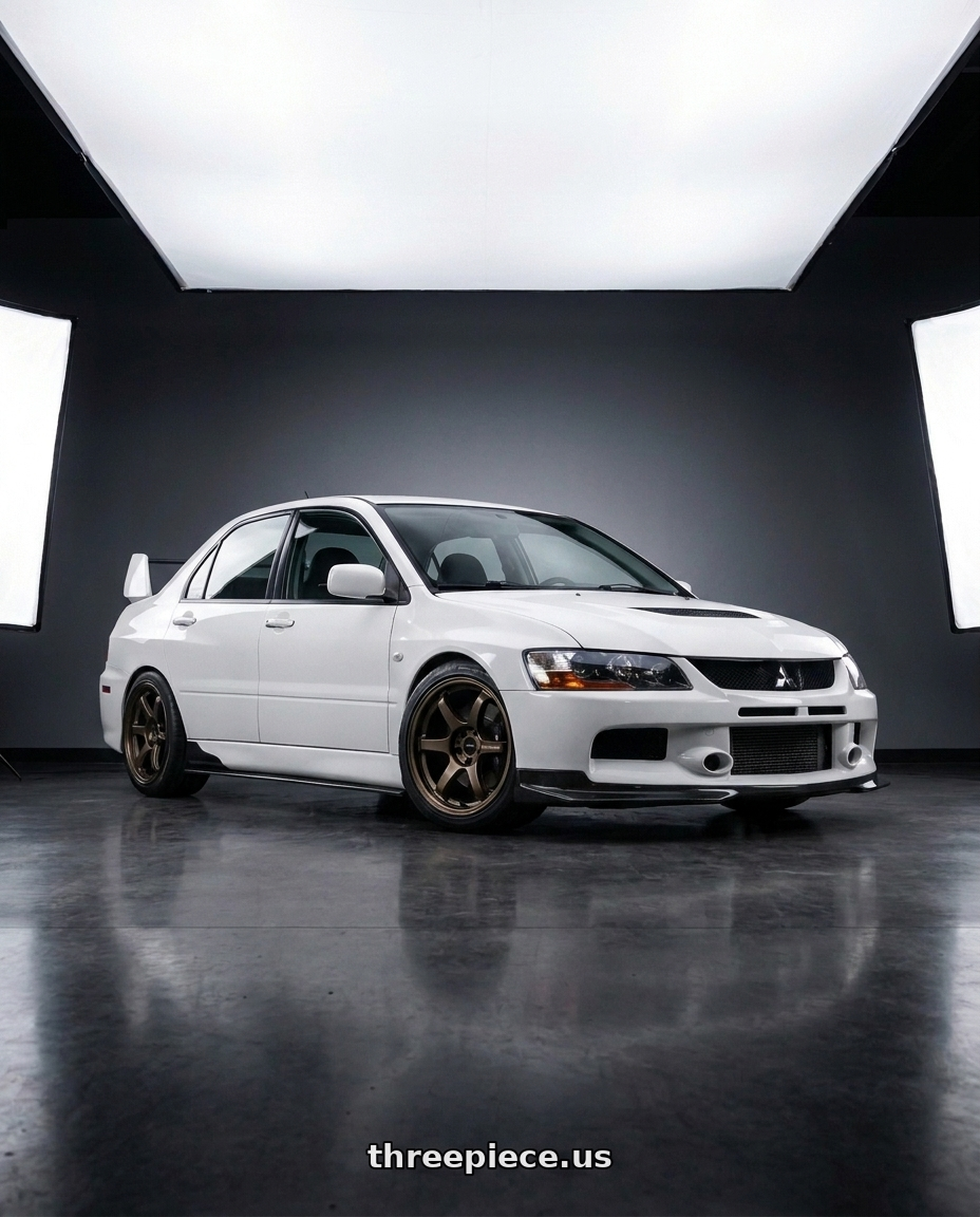 2005 Mitsubishi lancer evolution white with Work Emotion Zr10 5x114.3 18x8.5 +32 Titanium Diamond Lip Cut wheels