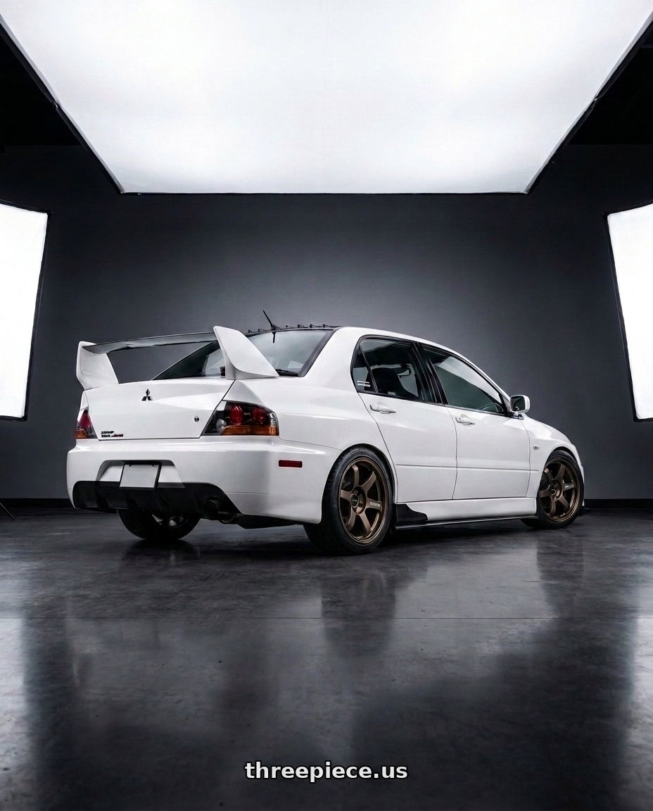 2005 Mitsubishi lancer evolution white with Work Emotion Zr10 5x114.3 18x8.5 +32 Titanium Diamond Lip Cut wheels rear three quarter view square tires