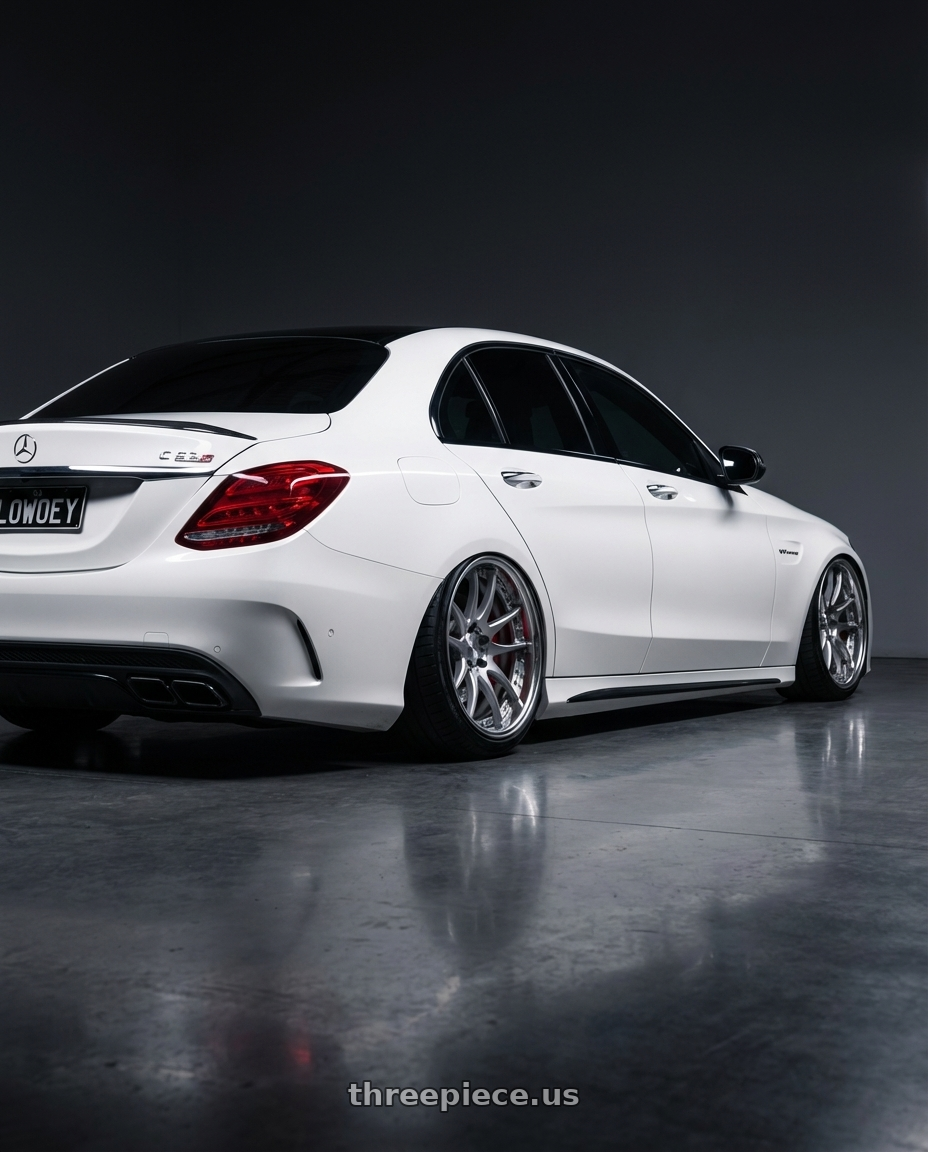 2017 Mercedes-Benz W205 C63S AMG with Work Emotion Cr 3P 5x100 18x8.5-18 R Disk Burning Silver wheels rear three quarter view slight stretch tires