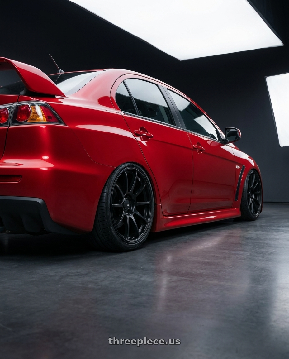 2012 Mitsubishi Lancer Evo X with Ssr Gtv02 5x114.3 18x8.5+40  FLAT BLACK wheels rear three quarter view slight stretch tires