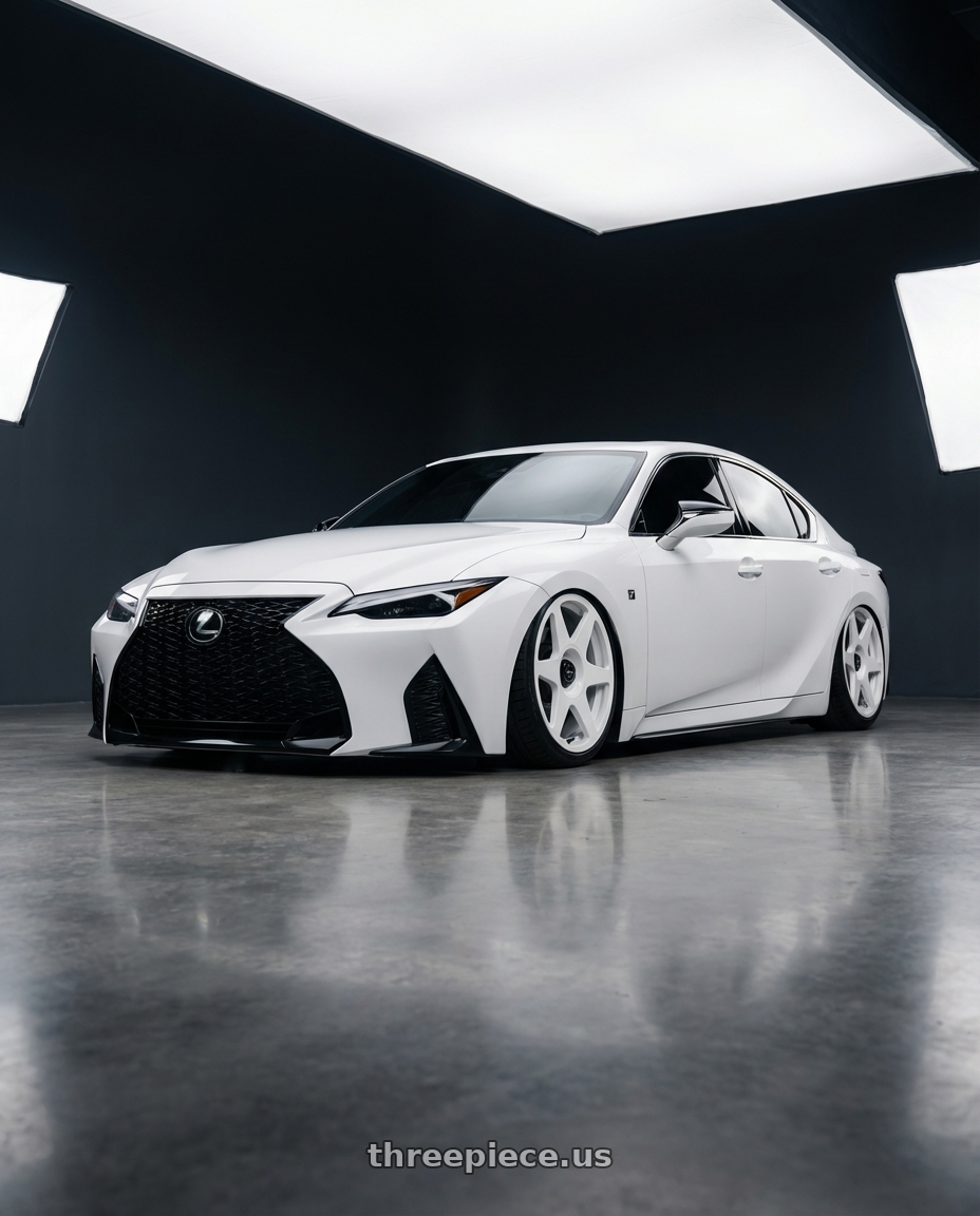 2024 Lexus IS 350 with fifteen52 TARMAC EVO 5x114.3 / 5x120 19x8.5 +35 RALLY WHITE (GLOSS WHITE) wheels front three quarter view stanced stance