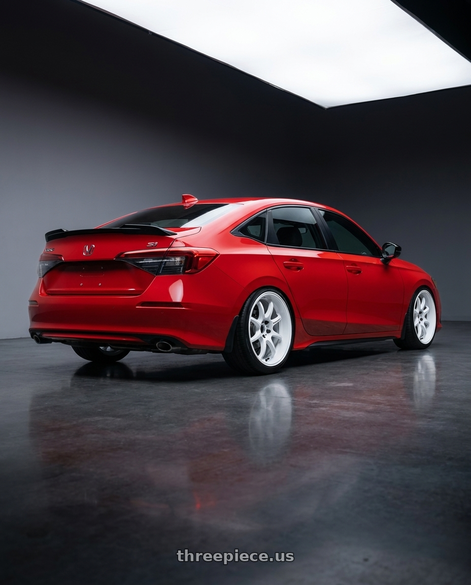 2025 Honda civic si with Work Emotion D9r 5x100 18x9.5 +38 White wheels rear three quarter view slight stretch tires
