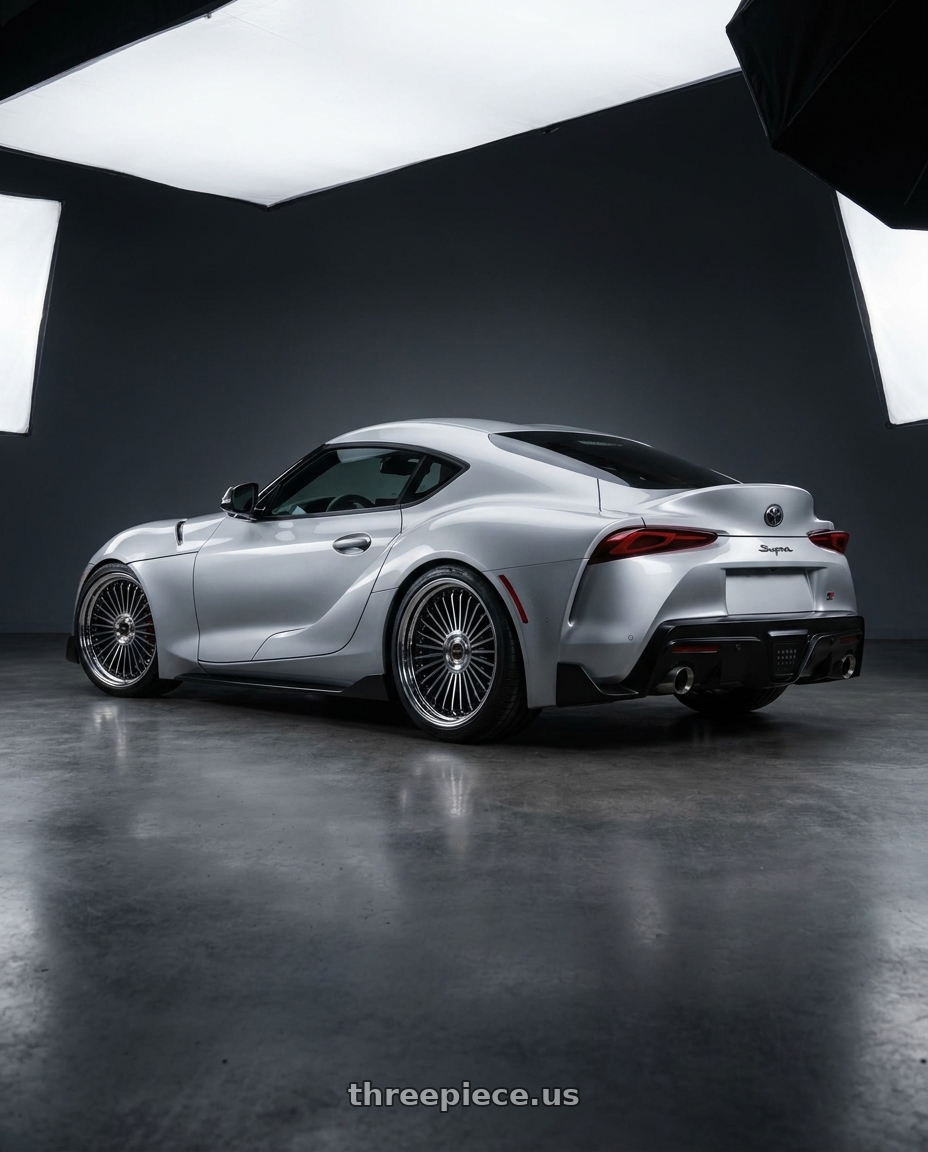 2022 Toyota GR Supra with Work Emitz Black Polish 5x112 19x7.5 +22 wheels rear three quarter view square tires