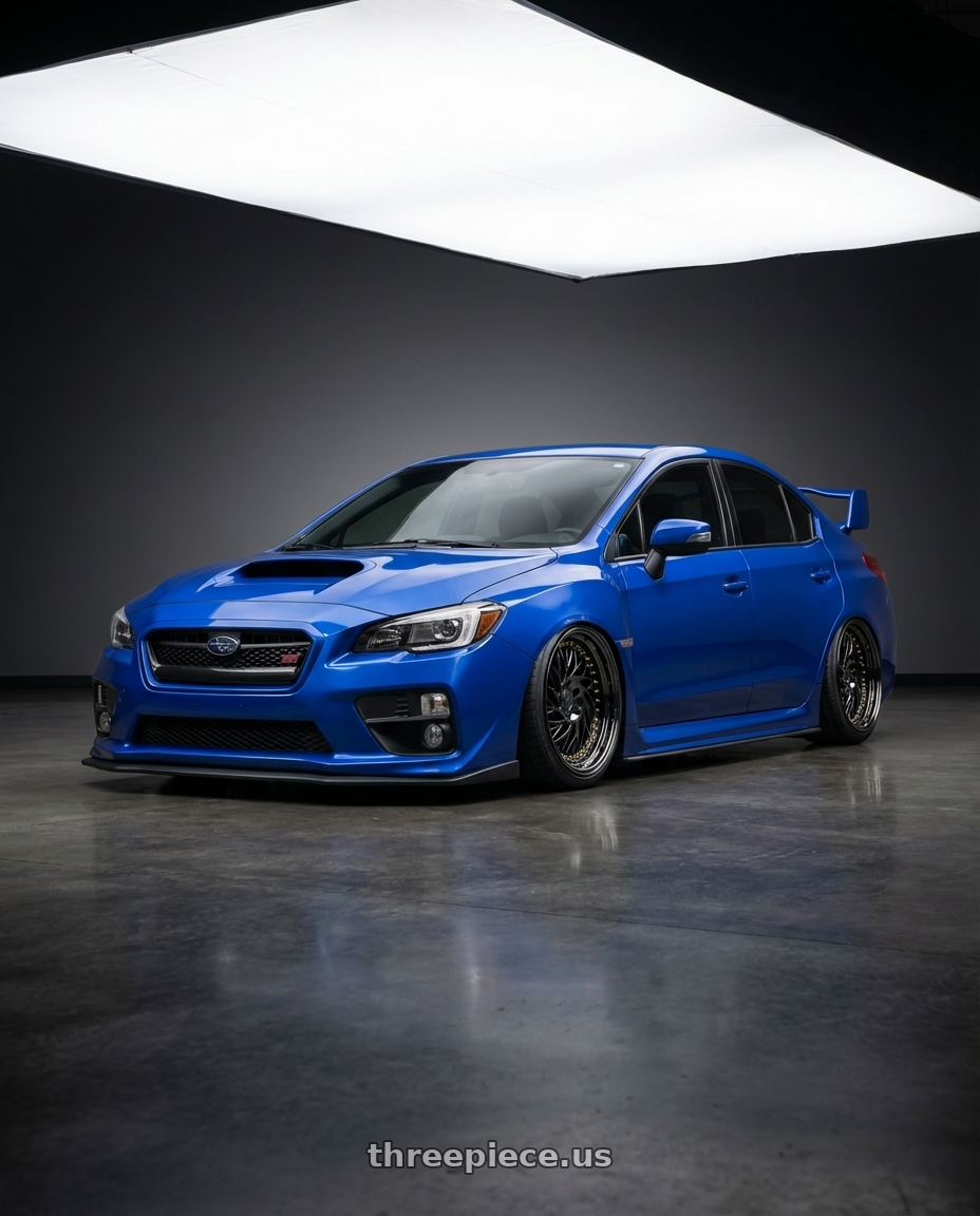 2013 Subaru WRX STI with Aodhan DS03 5x114.3 18x9.5 +30 Black Vacuum w/ Gold Rivets wheels front three quarter view stanced stance