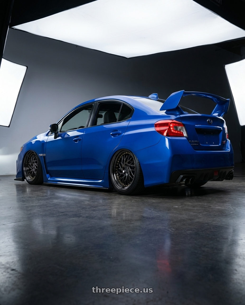 2013 Subaru WRX STI with Aodhan DS03 5x114.3 18x9.5 +30 Black Vacuum w/ Gold Rivets wheels rear three quarter view slight stretch tires