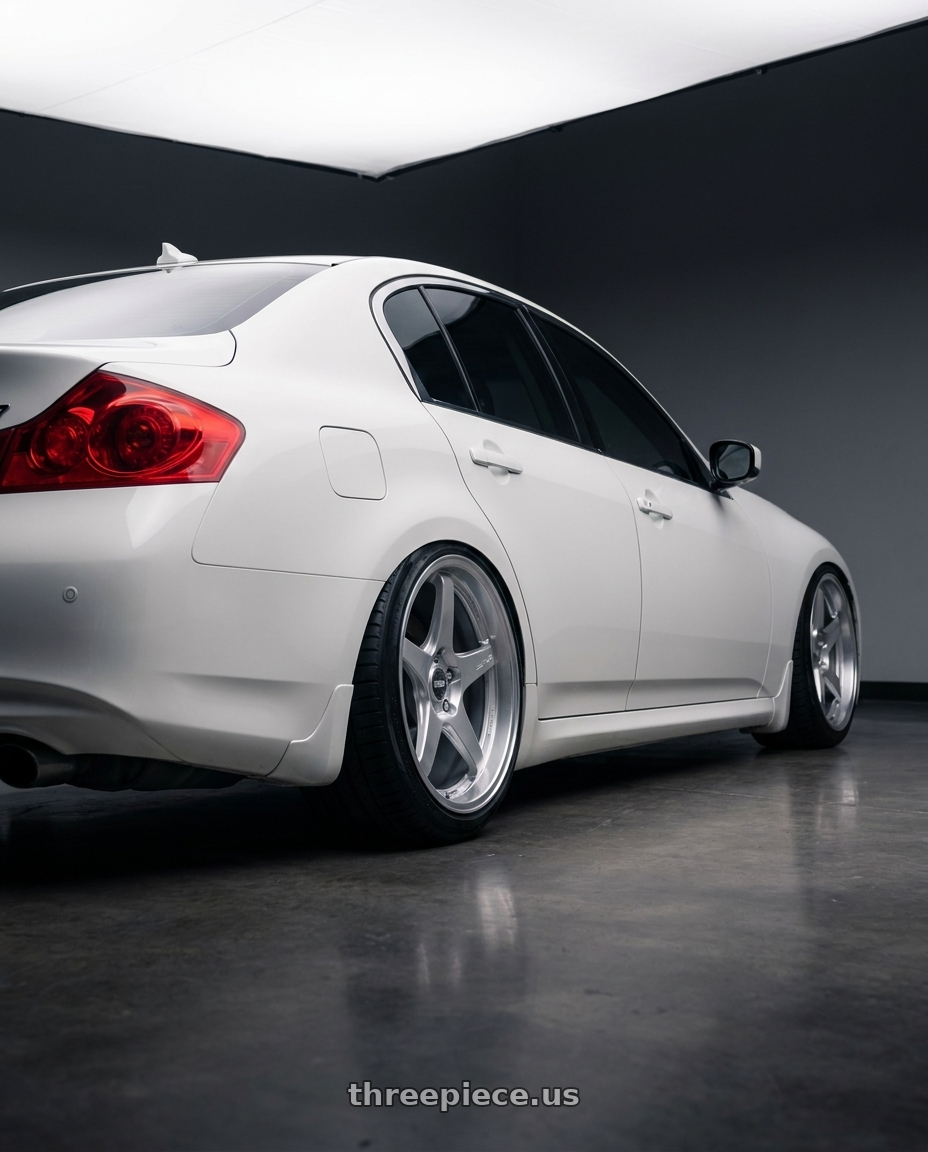 2012 Infiniti G37 with ESR Wheels APEX SERIES AP5 5x114.3 19x11 +22 Hyper Silver wheels rear three quarter view slight stretch tires