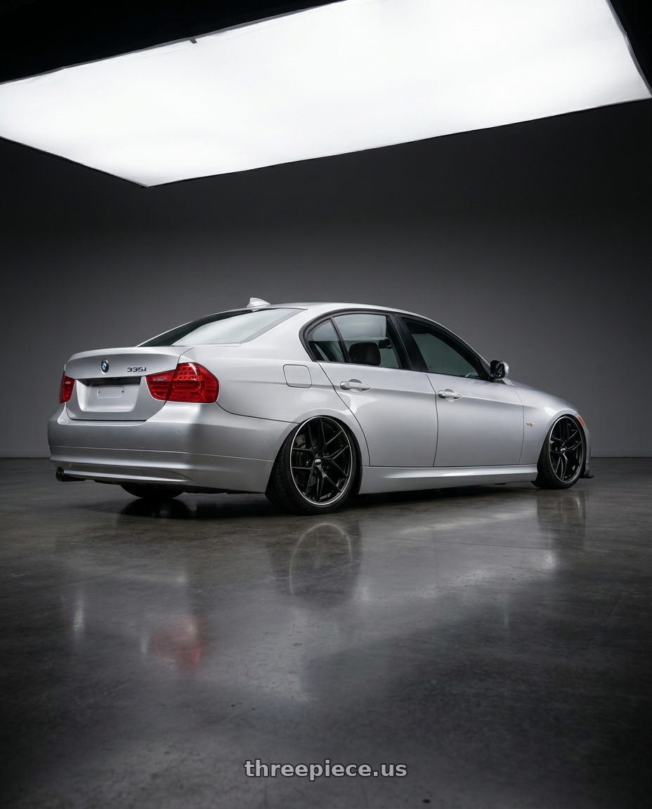 2011 Bmw E90 335I with BBS CC-R 5x120 19x8.5+35 Satin Black wheels rear three quarter view slight stretch tires