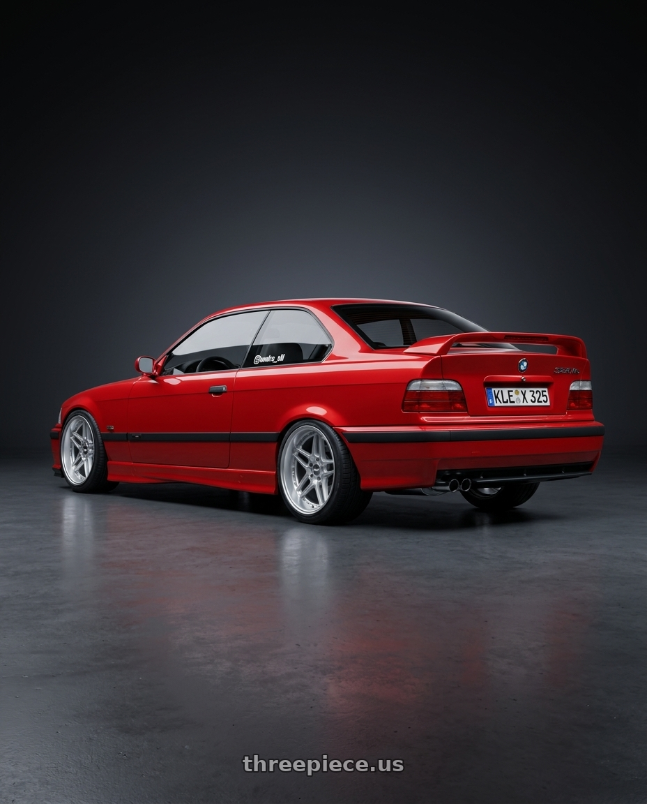 1996 BMW E36 328is with ESR Wheels CS SERIES CS15 5x100 18x9.5 +35 Hyper Silver wheels rear three quarter view square tires